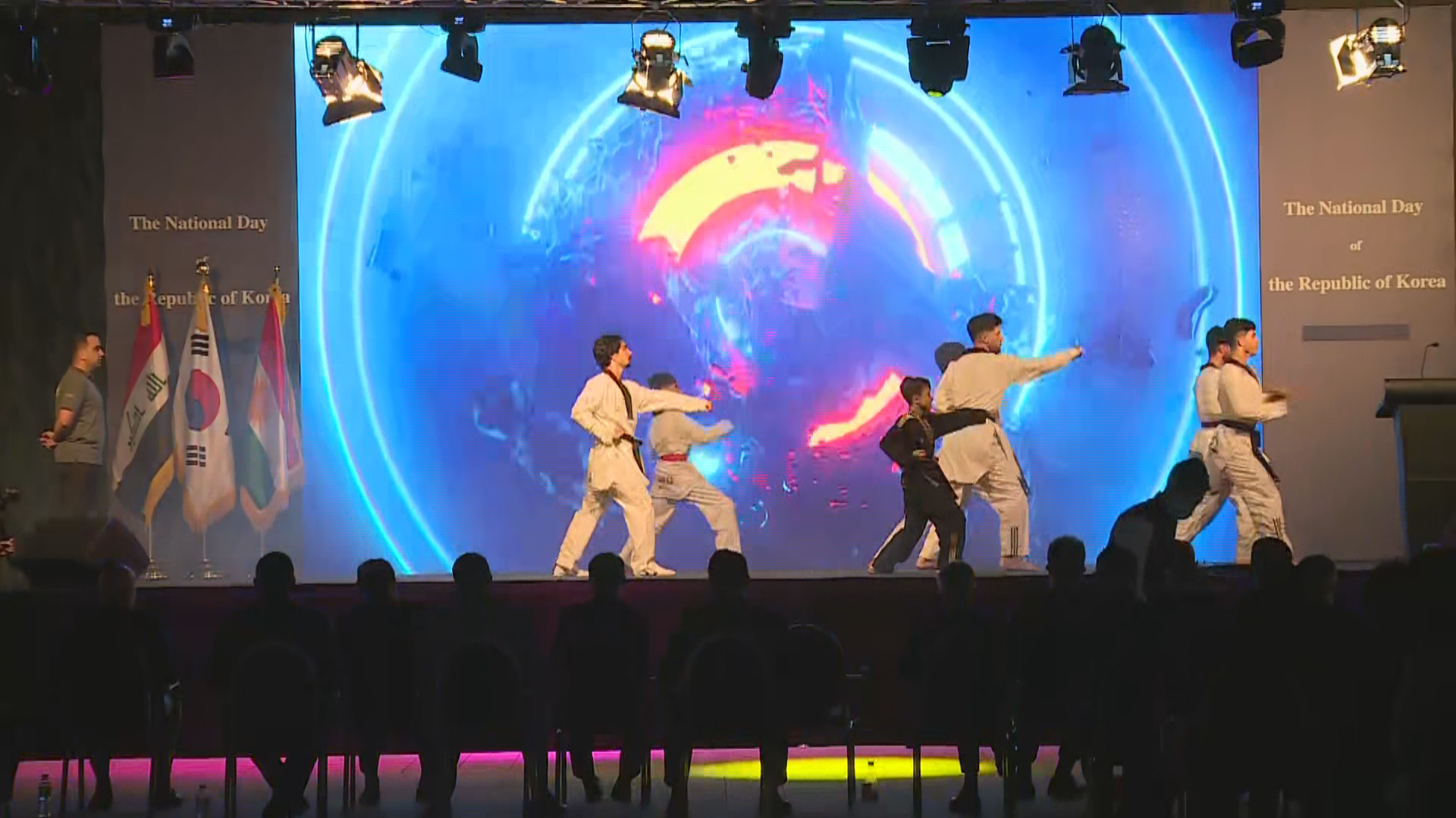 A live martial arts performance on stage during South Korea's national day celebrations in Erbil on Thursday, October 14, 2021. Photo: Rudaw